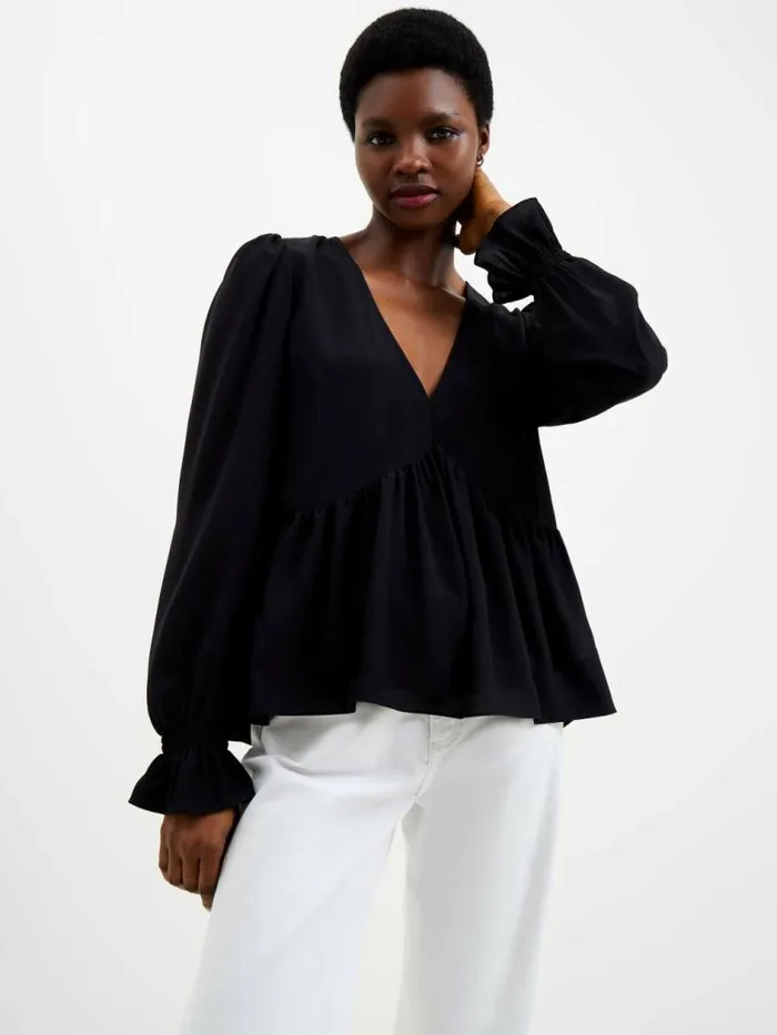 French Connection Crepe Light V Neck Top Black Women Tops