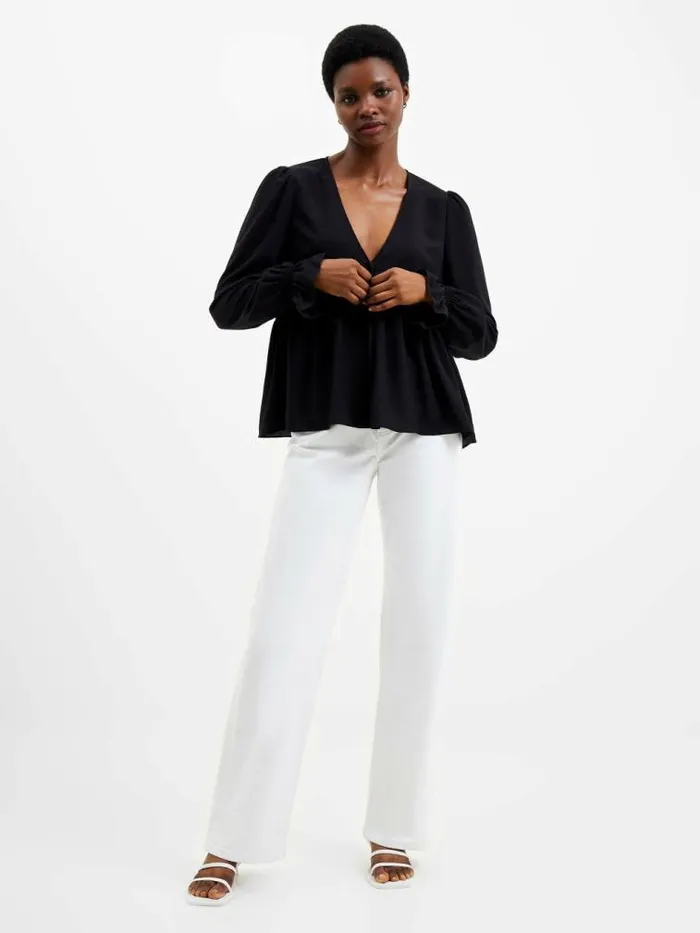 French Connection Crepe Light V Neck Top Black Women Tops