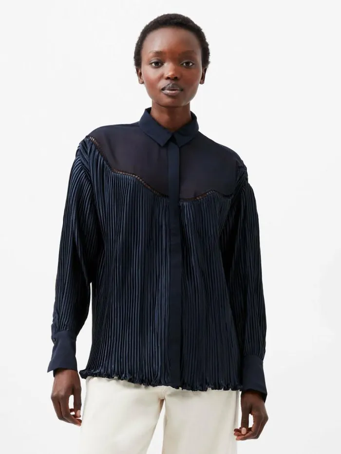 French Connection Crina Crinkle Satin Georgette Mix Shirt Marine Women Tops