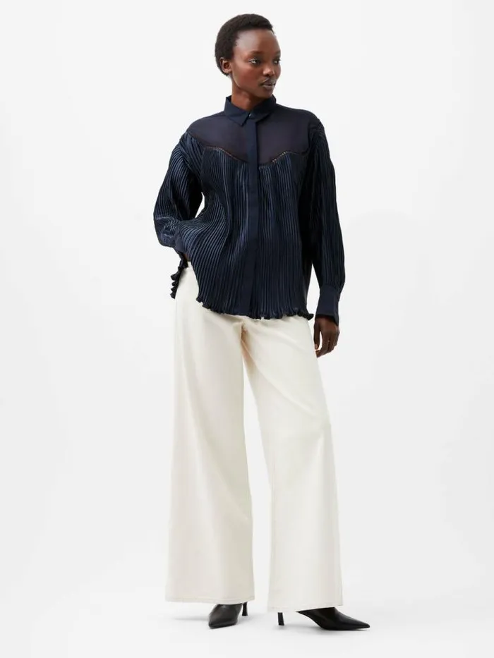 French Connection Crina Crinkle Satin Georgette Mix Shirt Marine Women Tops