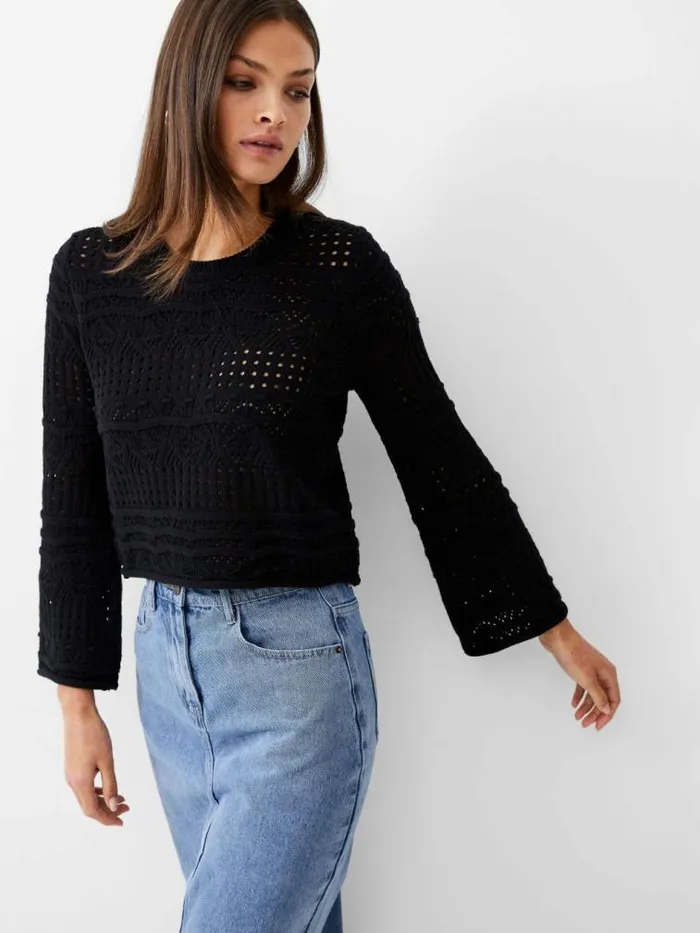 French Connection Crochet Bobble Knit Crop Jumper Black Women Jumpers and Cardigans