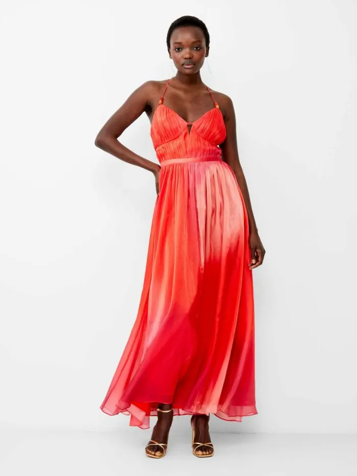 French Connection Darryl Hallie Crinkle Maxi Dress Lava Red Women Dresses