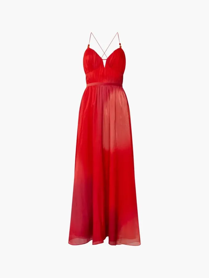 French Connection Darryl Hallie Crinkle Maxi Dress Lava Red Women Dresses