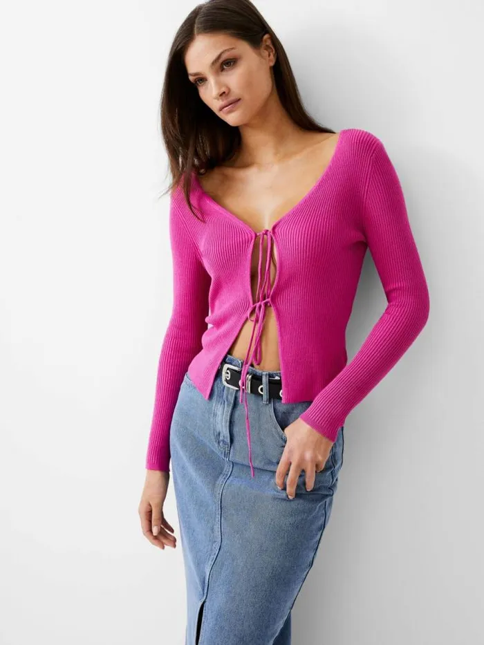 French Connection Double Tie Rib Cardigan Wild Rosa Women Jumpers and Cardigans French Connection Double Tie Rib Cardigan Wild Rosa Women Jumpers and Cardigans