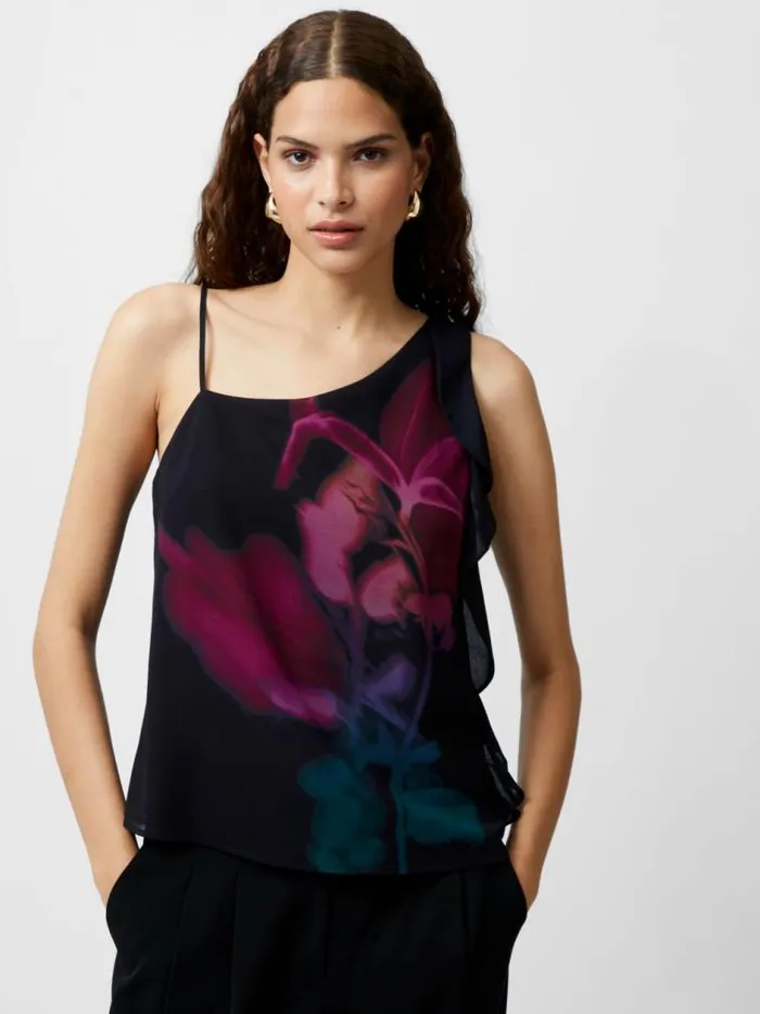 French Connection Eden Georgette Frilly Cami Top Blackout Multi Women Tops