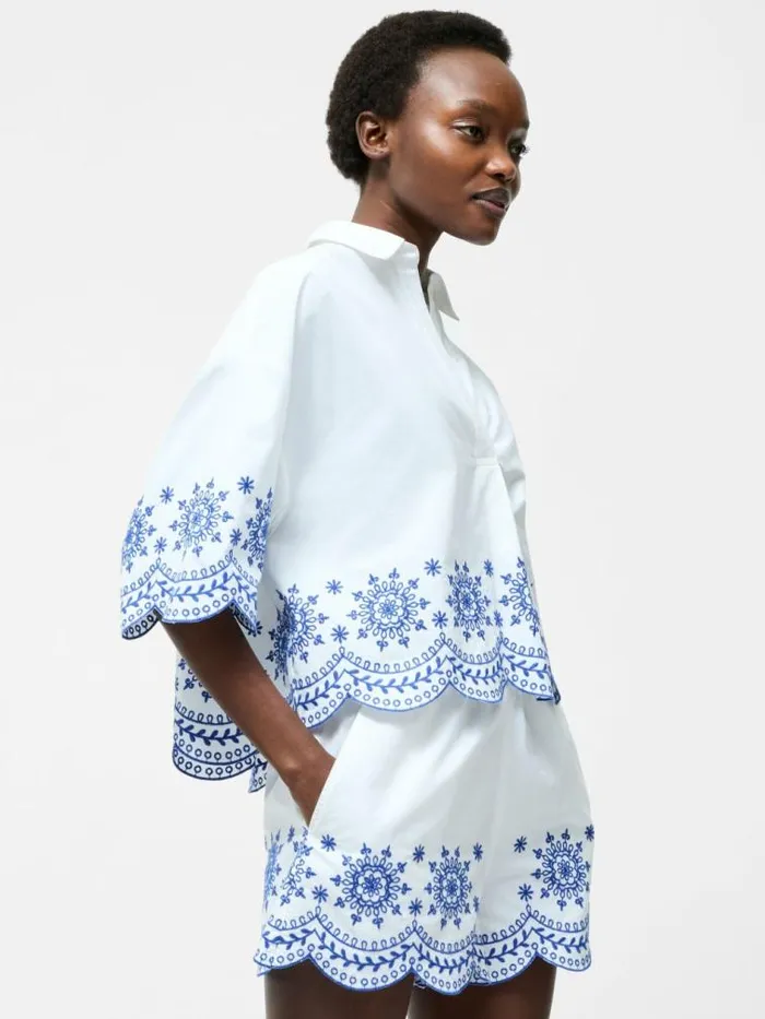 French Connection Embroidered Hem Popover Short Sleeve Shirt Linen White Multi Women Tops French Connection Embroidered Hem Popover Short Sleeve Shirt Linen White Multi Women Tops