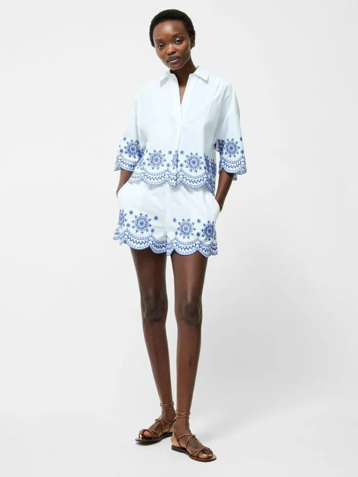 French Connection Embroidered Hem Popover Short Sleeve Shirt Linen White Multi Women Tops
