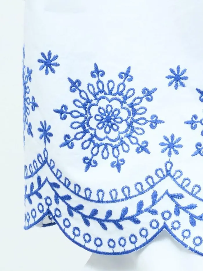 French Connection Embroidered Hem Popover Short Sleeve Shirt Linen White Multi Women Tops
