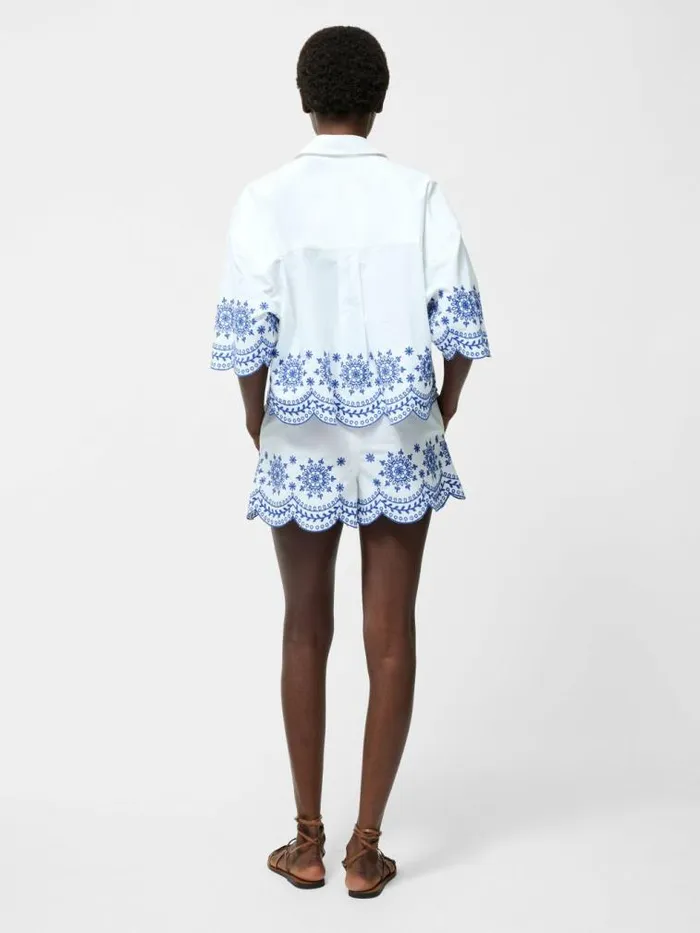 French Connection Embroidered Hem Popover Short Sleeve Shirt Linen White Multi Women Tops