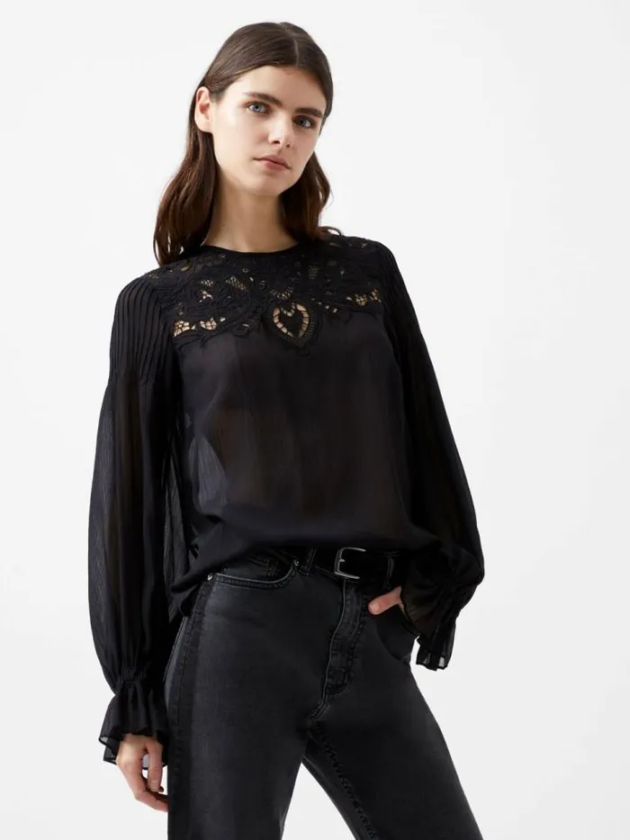 French Connection Emina Chiffon Lace Blouse Blackout Women Tops