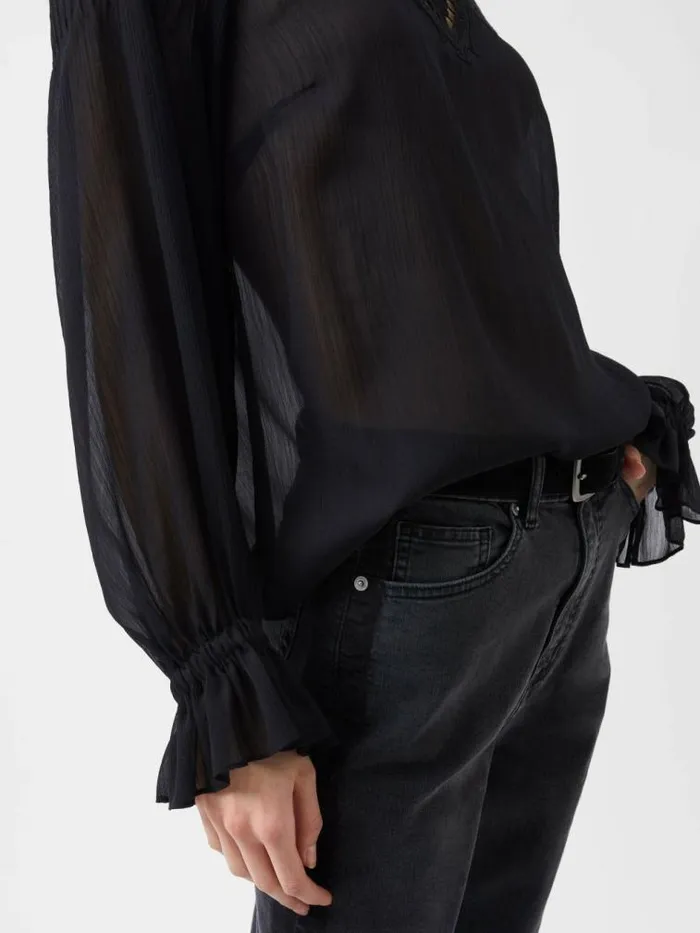 French Connection Emina Chiffon Lace Blouse Blackout Women Tops