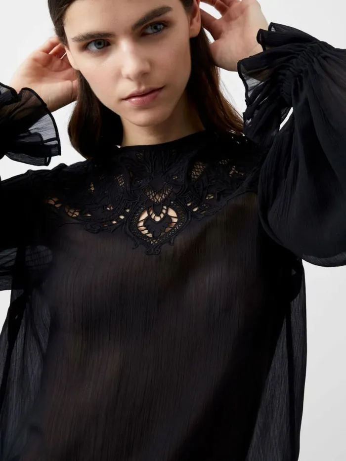 French Connection Emina Chiffon Lace Blouse Blackout Women Tops