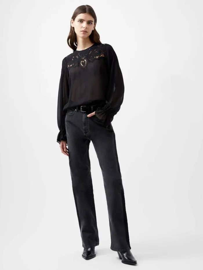 French Connection Emina Chiffon Lace Blouse Blackout Women Tops