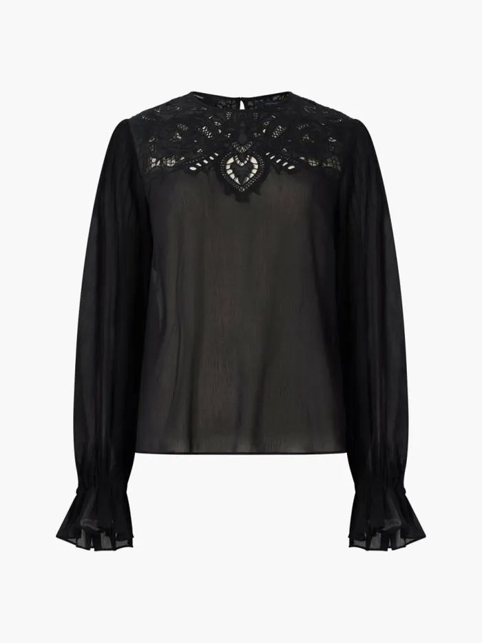 French Connection Emina Chiffon Lace Blouse Blackout Women Tops