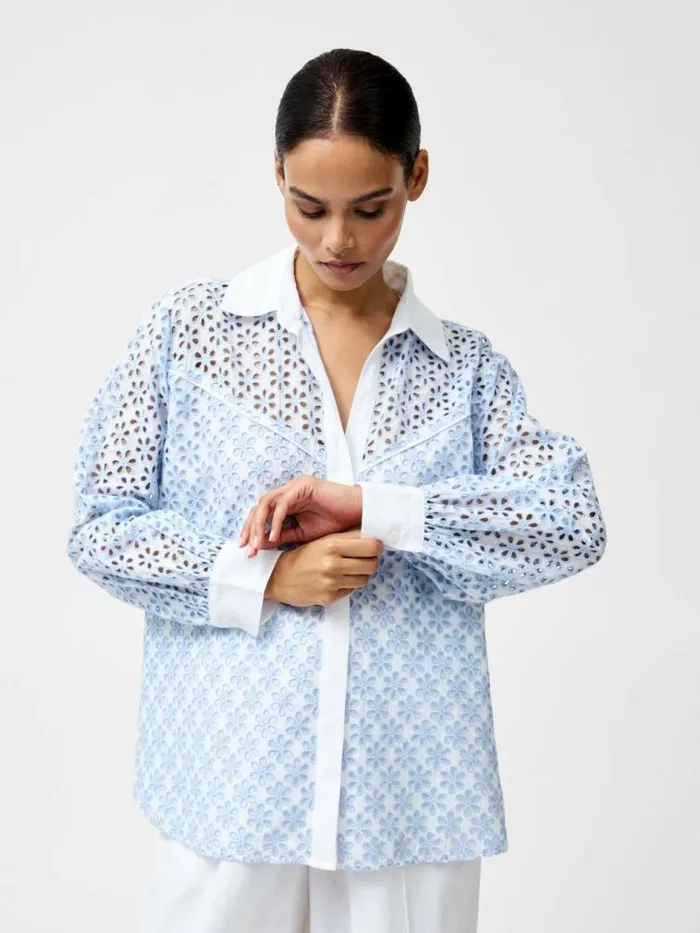 French Connection Galina Cotton Embroidered Shirt Sky Blue Women Tops