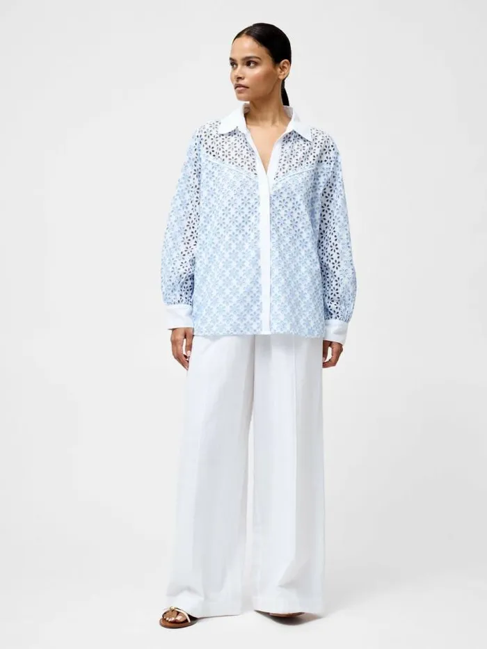 French Connection Galina Cotton Embroidered Shirt Sky Blue Women Tops
