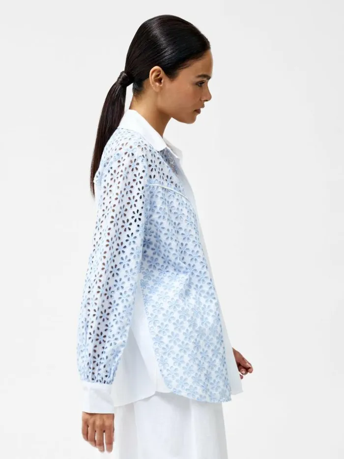 French Connection Galina Cotton Embroidered Shirt Sky Blue Women Tops