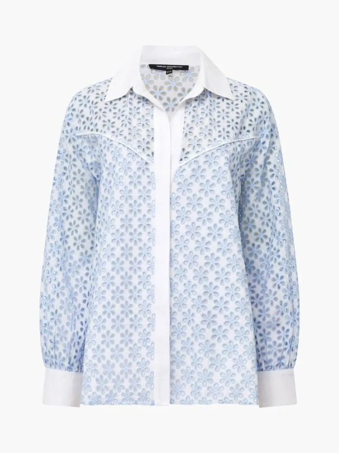 French Connection Galina Cotton Embroidered Shirt Sky Blue Women Tops