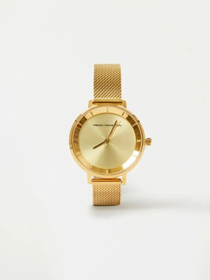 French Connection Gold Tone Mesh Bracelet Watch With Champagne Dial Gold Women Jewellery