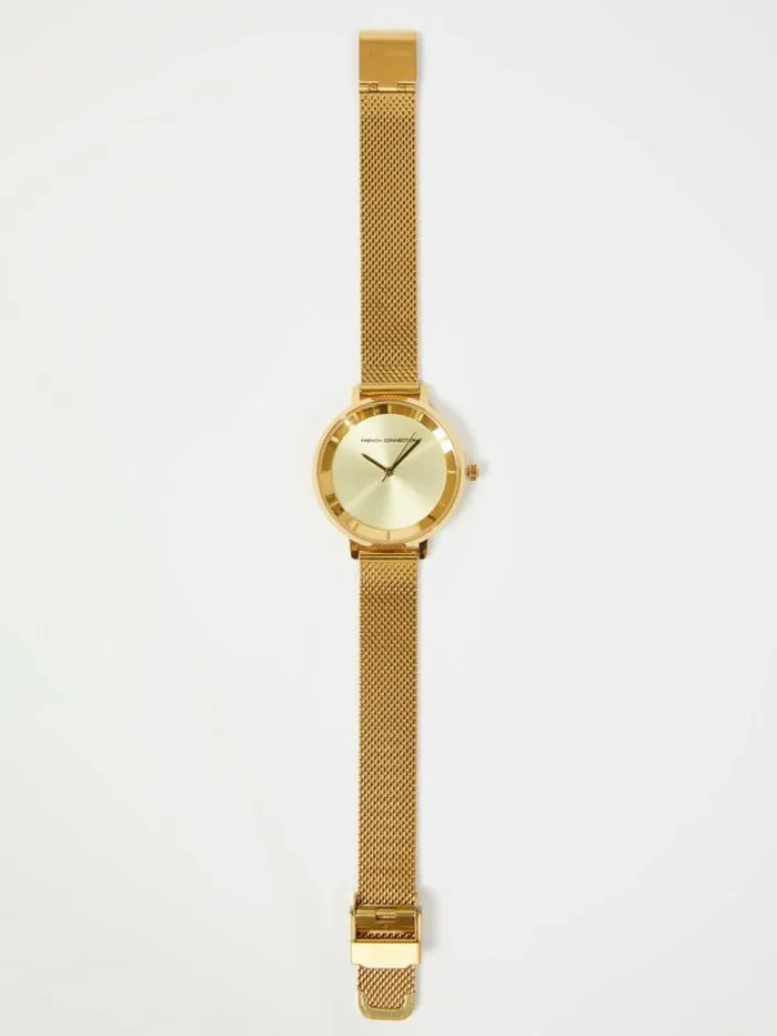 French Connection Gold Tone Mesh Bracelet Watch With Champagne Dial Gold Women Jewellery