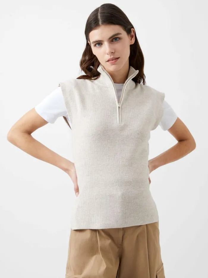 French Connection Lightweight Recycled Vhari Half Zip Vest Oatmeal Mel Women Jumpers and Cardigans French Connection Lightweight Recycled Vhari Half Zip Vest Oatmeal Mel Women Jumpers and Cardigans
