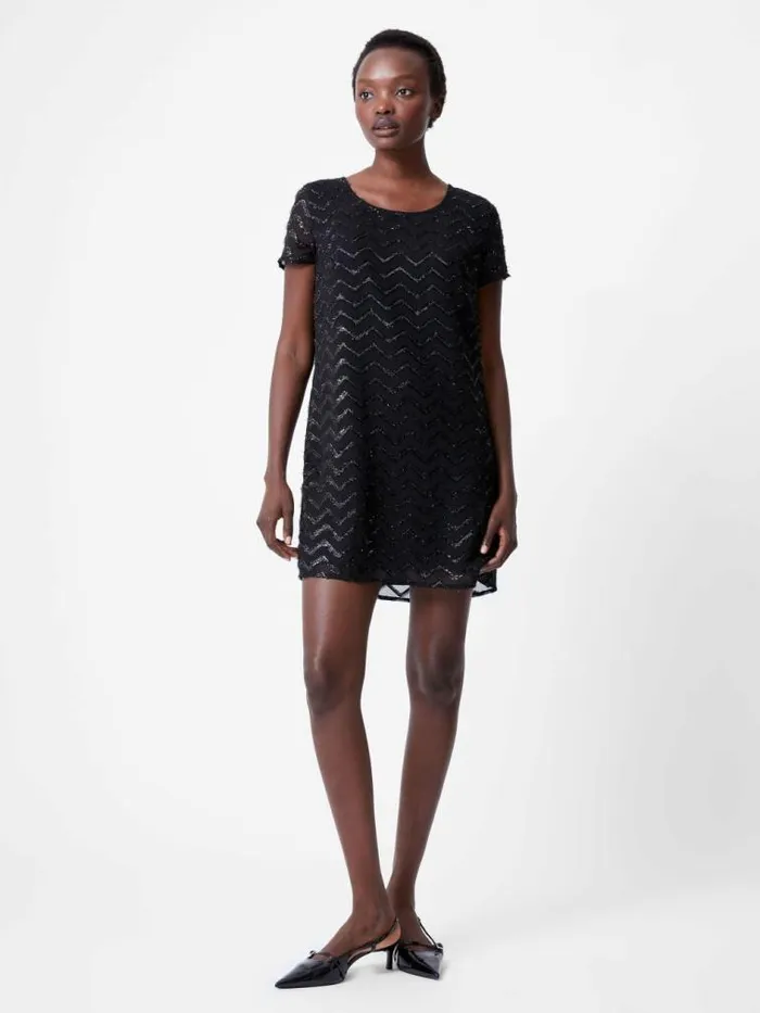 French Connection Lurex Georgette Mini Shift Dress Black Women Dresses