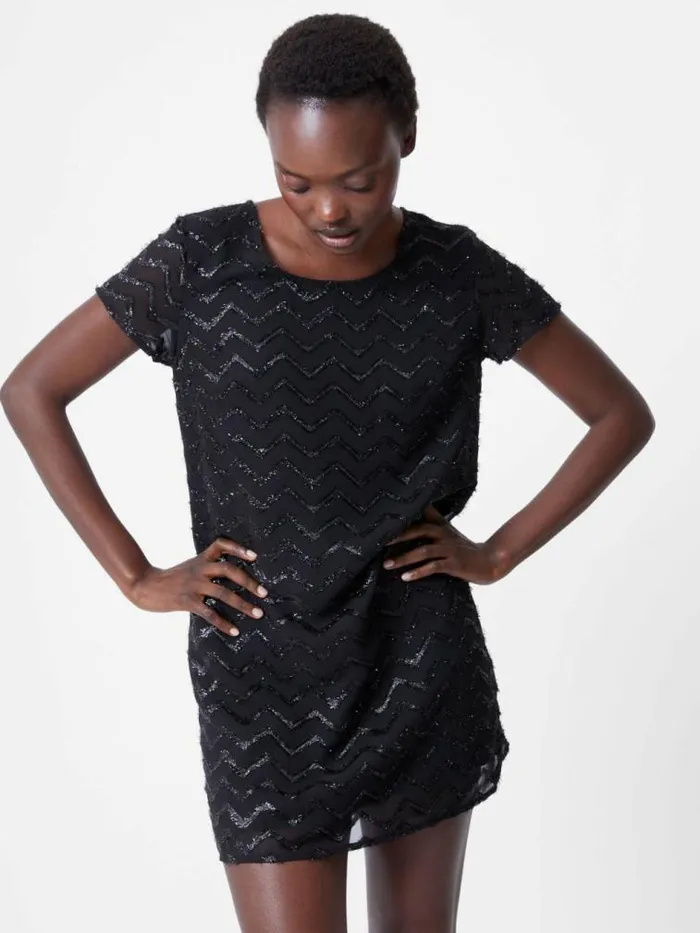 French Connection Lurex Georgette Mini Shift Dress Black Women Dresses