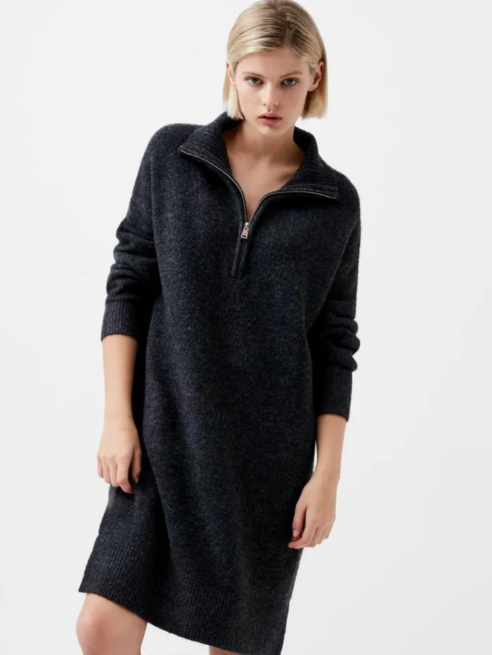 French Connection Maddox Half Zip Long Sleeve Knit Dress Charcoal Mel Women Dresses