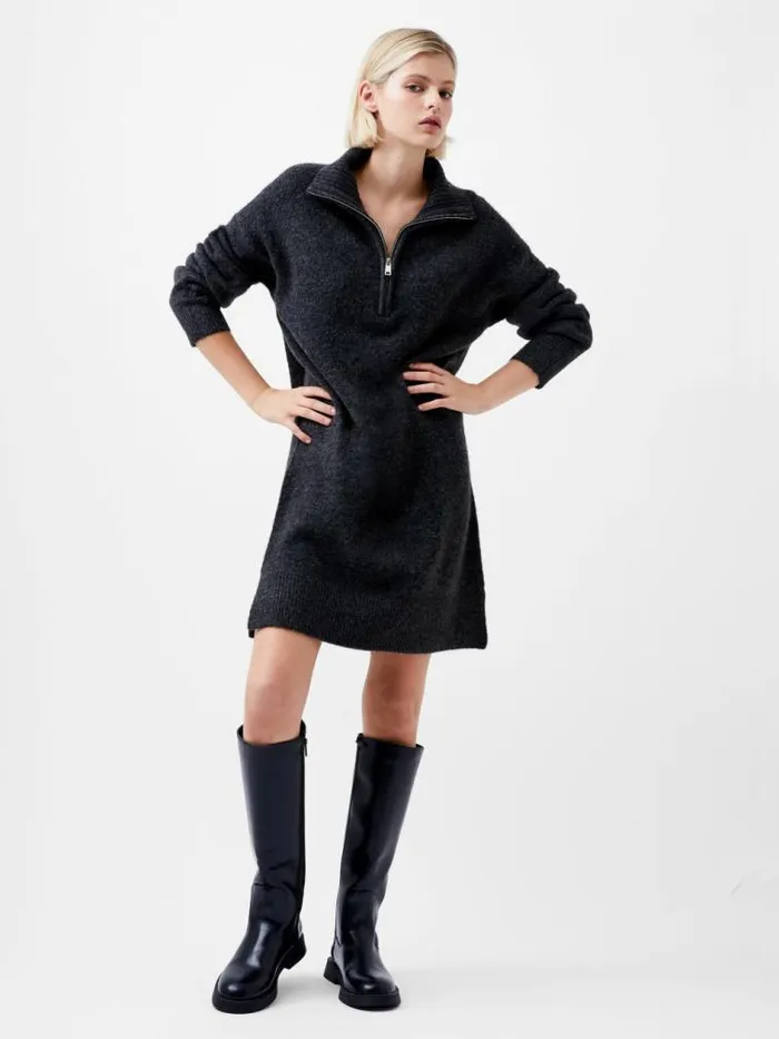 French Connection Maddox Half Zip Long Sleeve Knit Dress Charcoal Mel Women Dresses