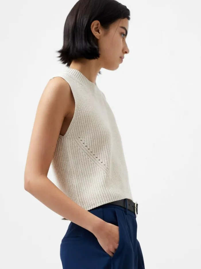 French Connection Mozart Knit Crew Neck Sleeveless Vest Light Oatmeal Mel Women Jumpers and Cardigans