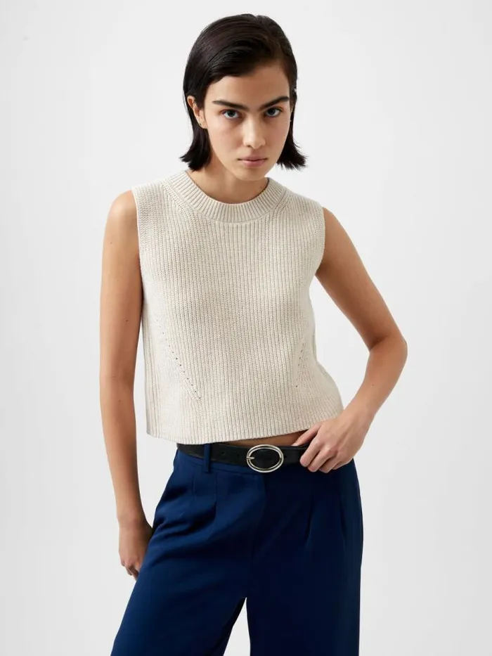 French Connection Mozart Knit Crew Neck Sleeveless Vest Light Oatmeal Mel Women Jumpers and Cardigans