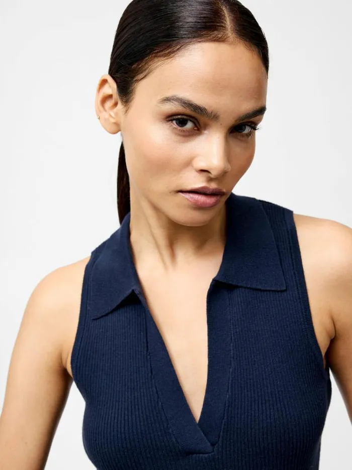 French Connection Mozza Collared V Neck Sleeveless Jumper Marine Women Jumpers and Cardigans