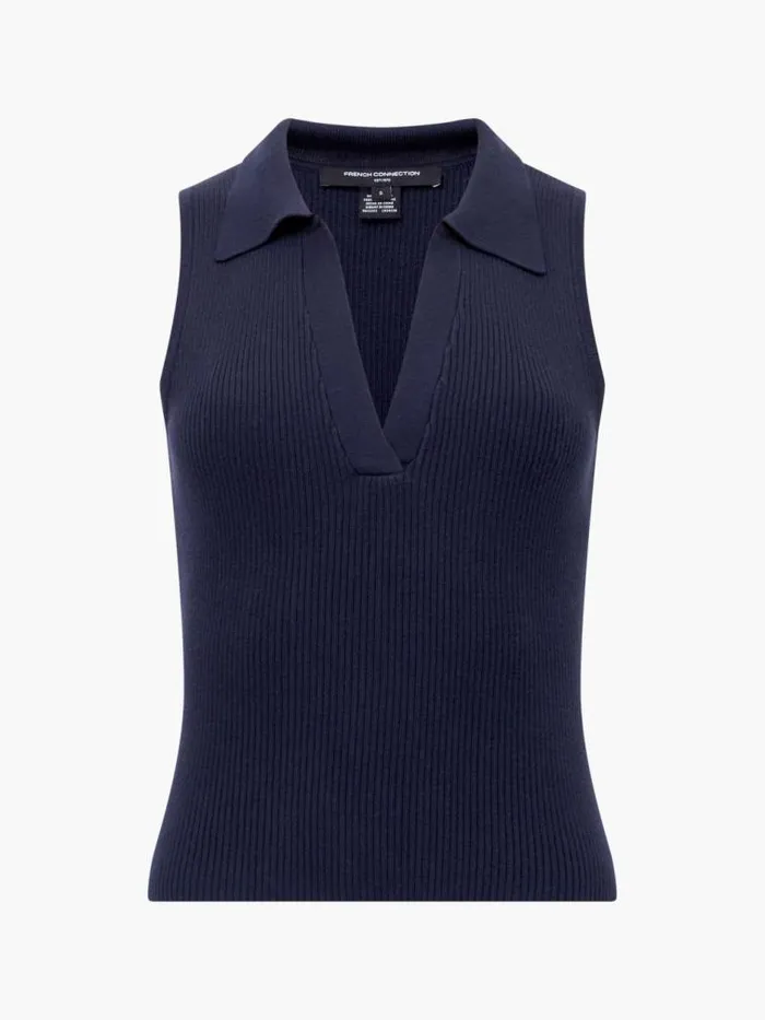 French Connection Mozza Collared V Neck Sleeveless Jumper Marine Women Jumpers and Cardigans