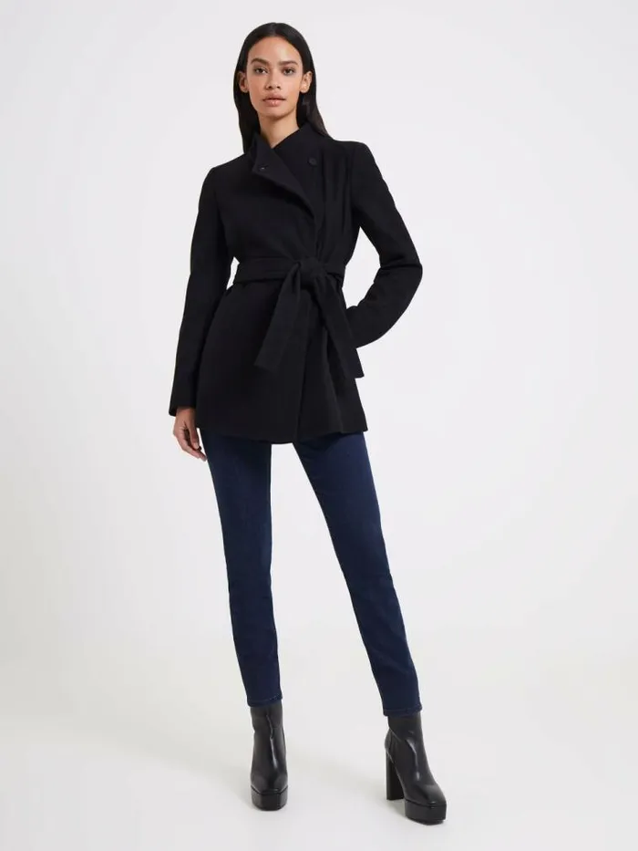 French Connection Platform Felt Crossover Coat Black Women Coats and Jackets