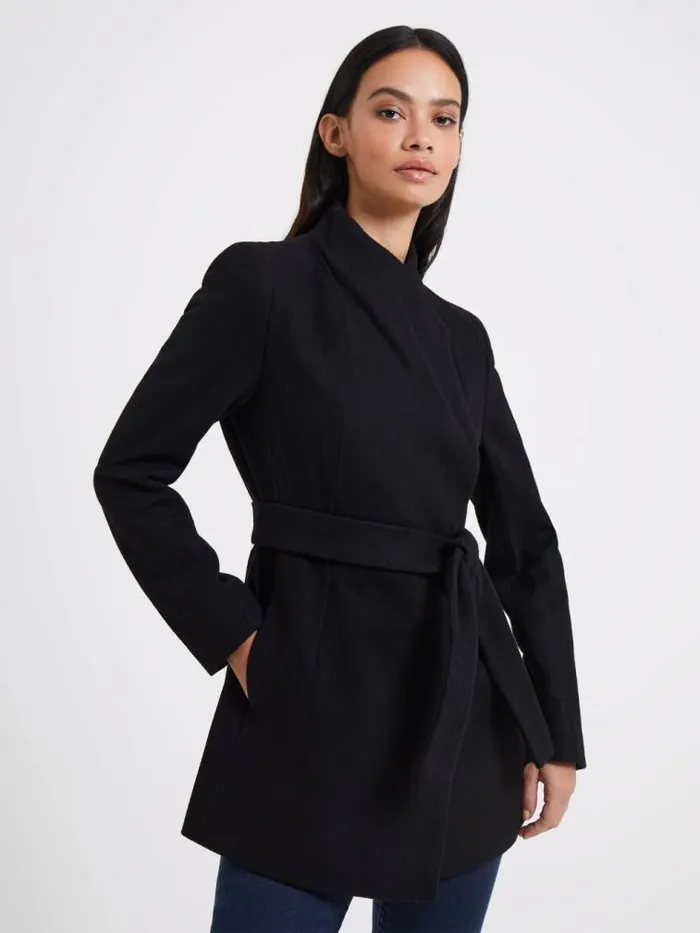 French Connection Platform Felt Crossover Coat Black Women Coats and Jackets