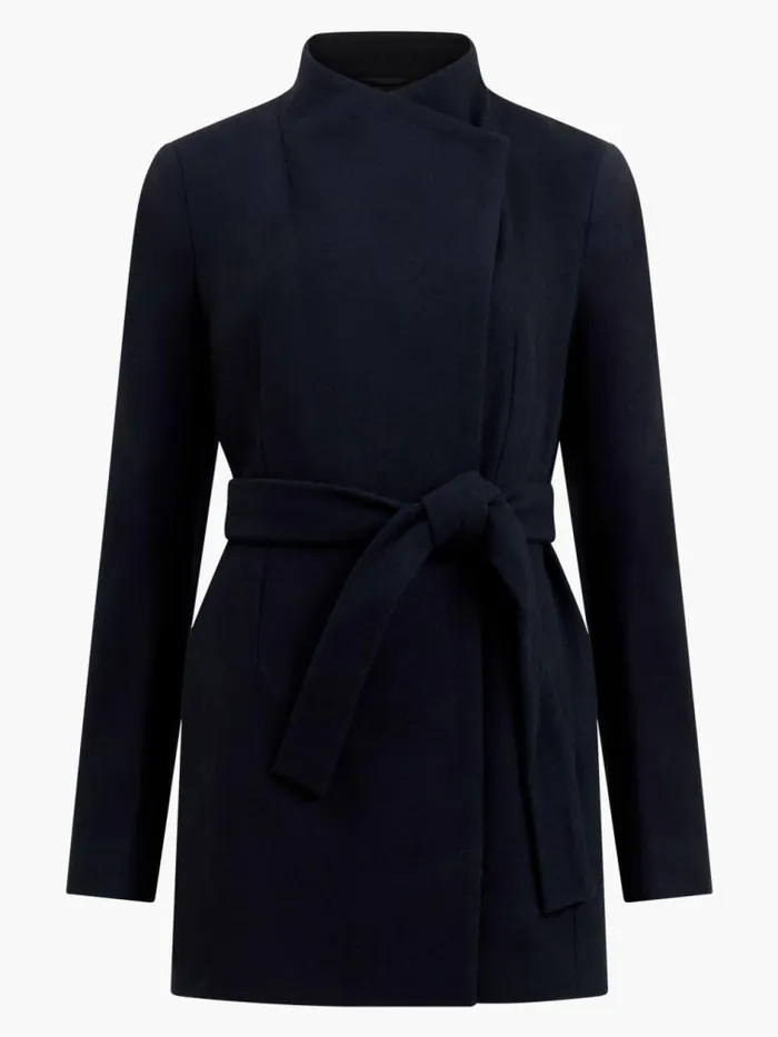 French Connection Platform Felt Crossover Coat Black Women Coats and Jackets