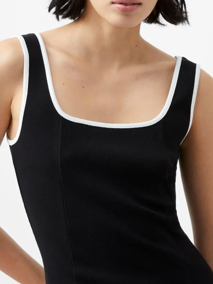 French Connection Rassia Rib Contrast Square Neck Midi Dress Blackporcelain Crea Women Dresses