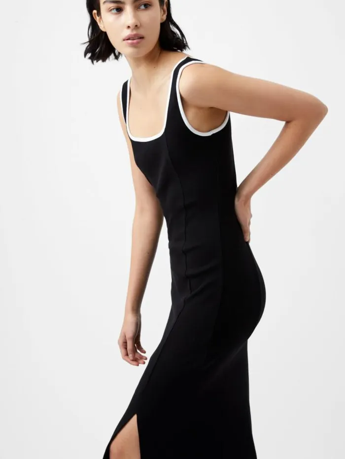 French Connection Rassia Rib Contrast Square Neck Midi Dress Blackporcelain Crea Women Dresses