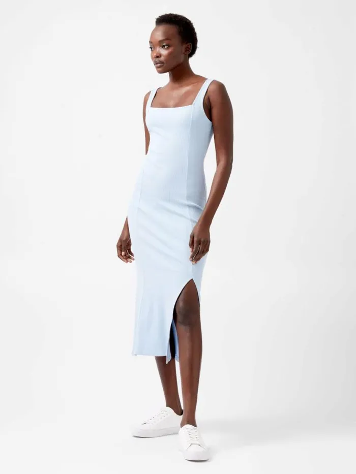 French Connection Rassia Rib Square Neck Midi Dress Cashmere Blue Women Dresses