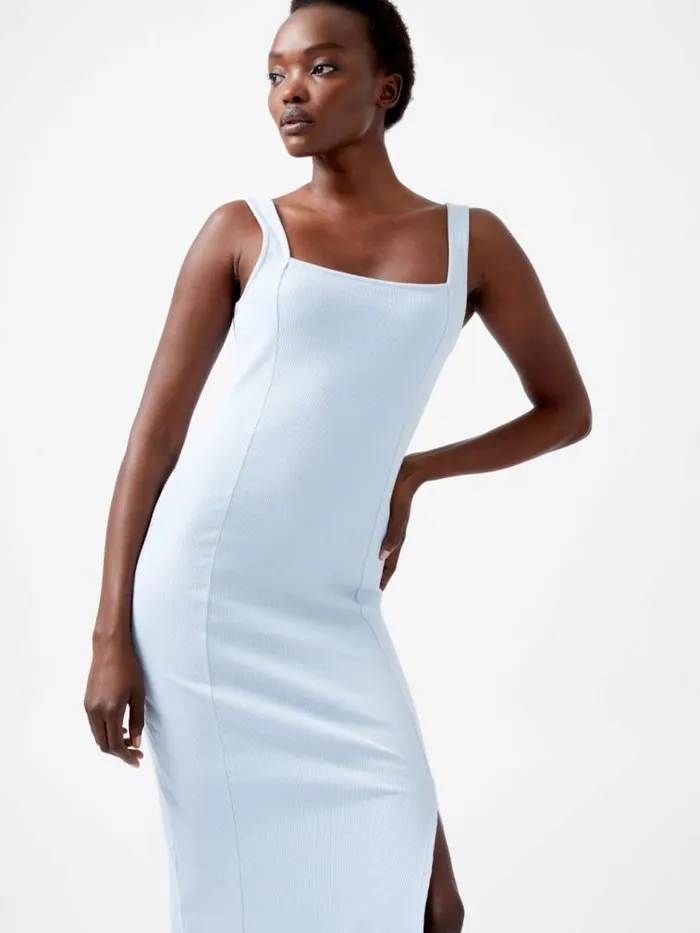 French Connection Rassia Rib Square Neck Midi Dress Cashmere Blue Women Dresses