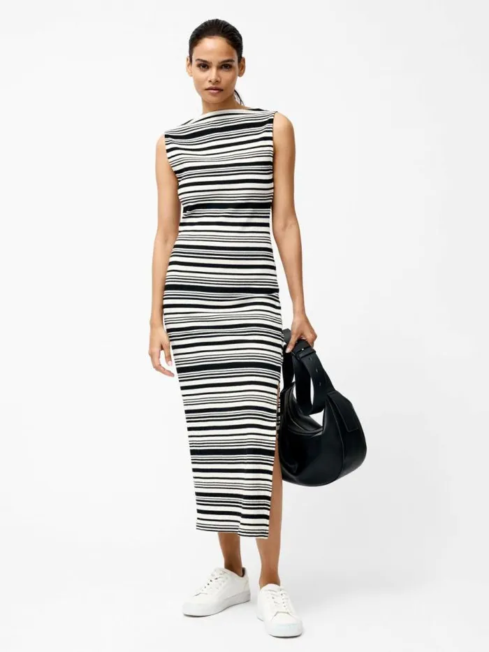 French Connection Sasia Rib Stripe Sleeveless Dress Blackwhite Women Dresses