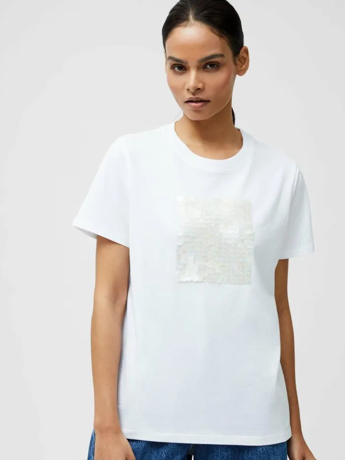 French Connection Sequin Jersey Short Sleeve TShirt Linen White Women Tops