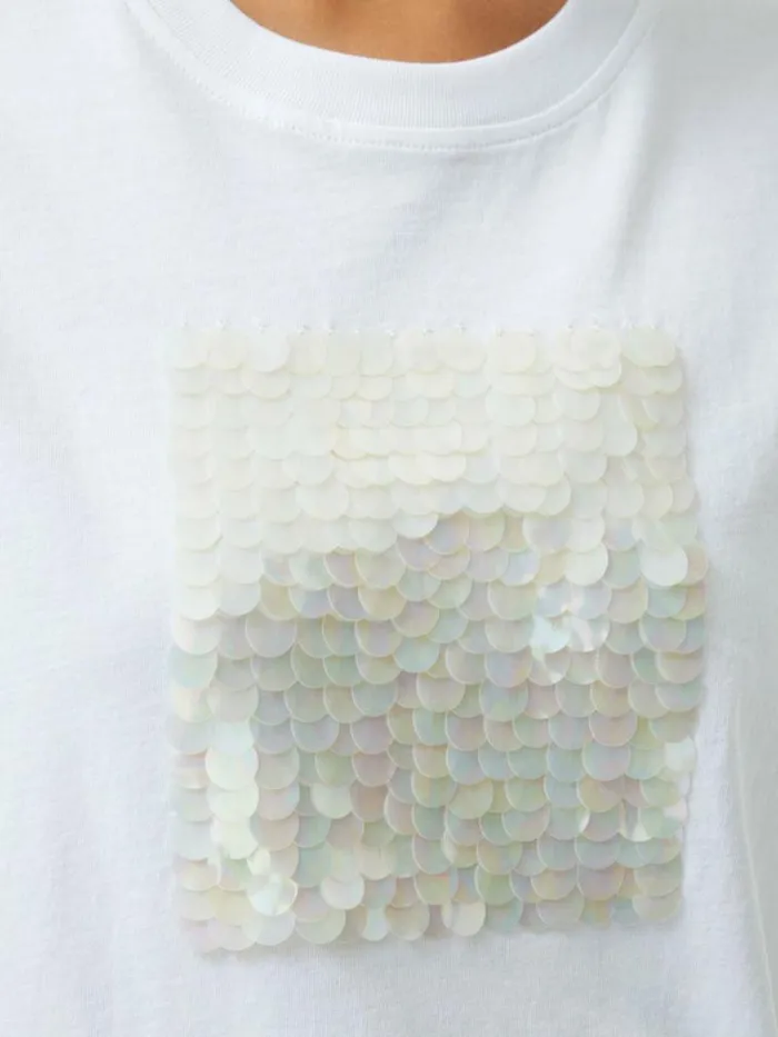 French Connection Sequin Jersey Short Sleeve TShirt Linen White Women Tops