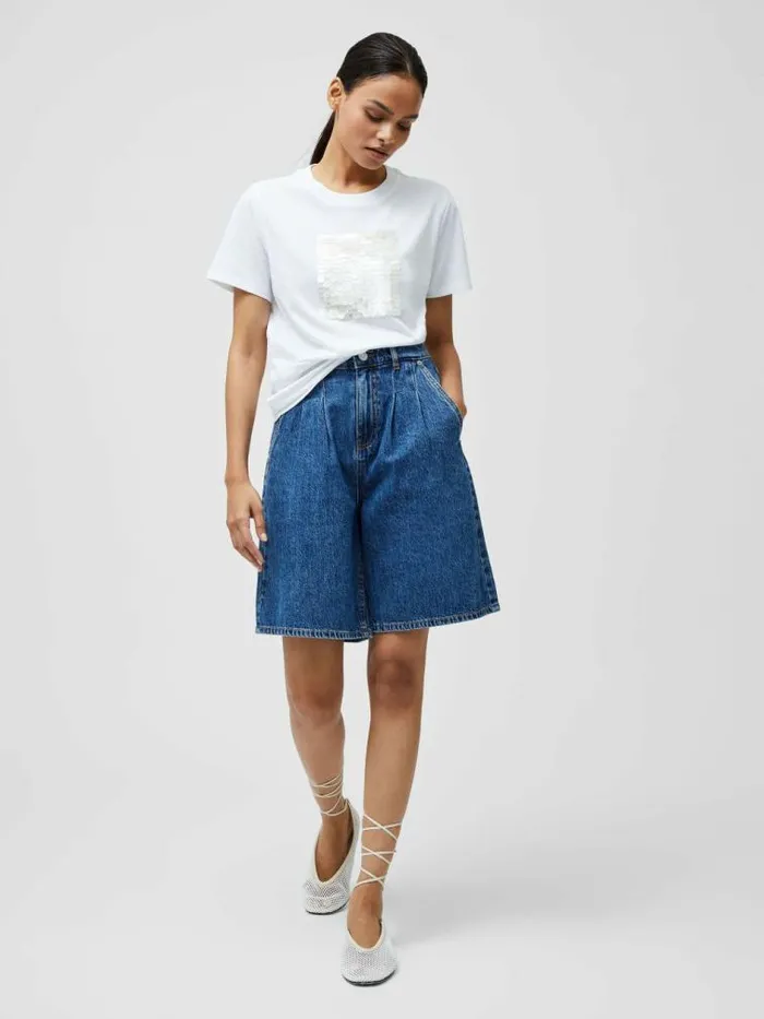 French Connection Sequin Jersey Short Sleeve TShirt Linen White Women Tops