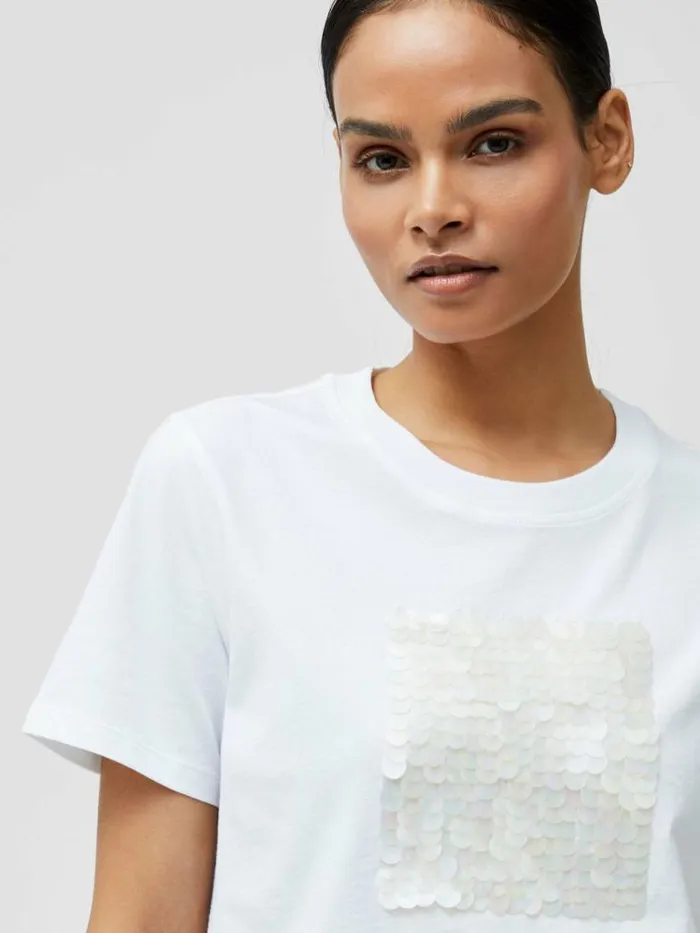 French Connection Sequin Jersey Short Sleeve TShirt Linen White Women Tops