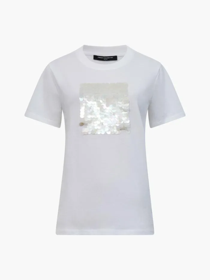 French Connection Sequin Jersey Short Sleeve TShirt Linen White Women Tops