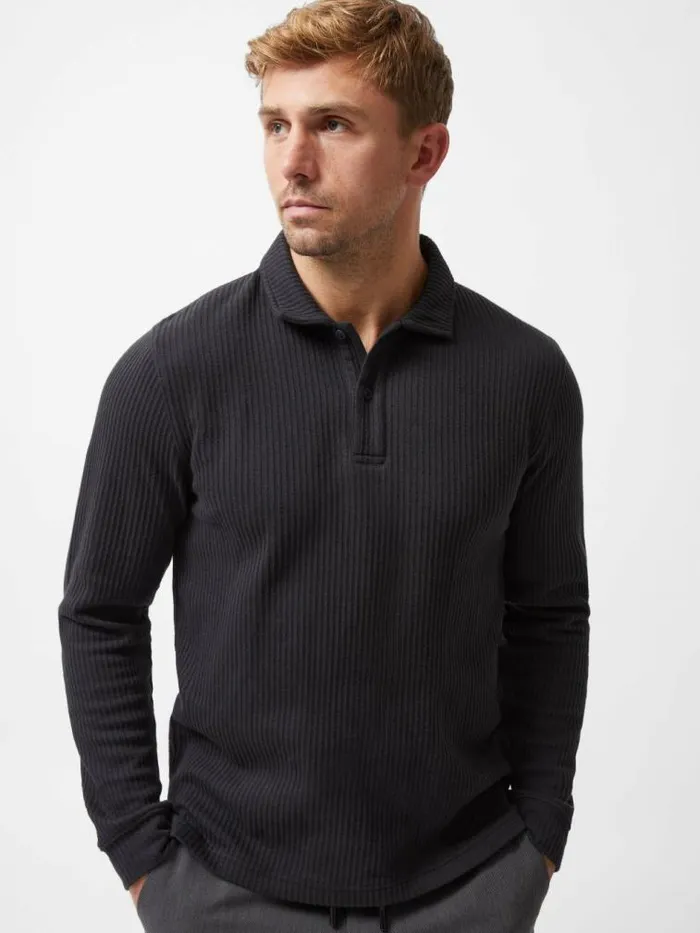 French Connection Textured Long Sleeve Polo Shirt Black Men TShirts and Polo Shirts
