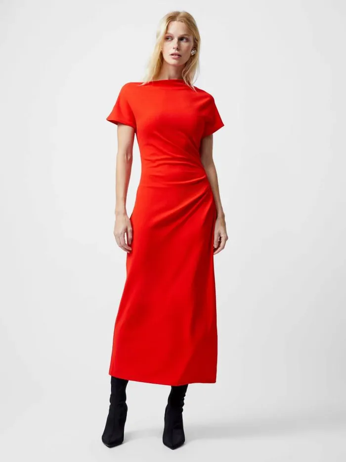 French Connection Valetta Gathered Off Shoulder Midi Dress Scarlet Red Women Dresses French Connection Valetta Gathered Off Shoulder Midi Dress Scarlet Red Women Dresses