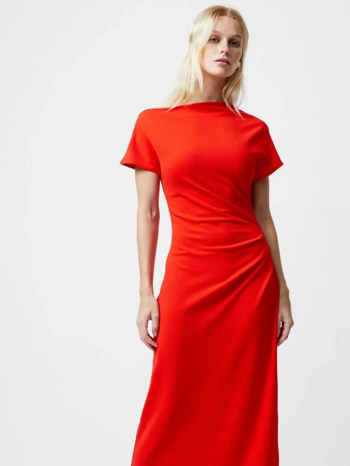 French Connection Valetta Gathered Off Shoulder Midi Dress Scarlet Red Women Dresses