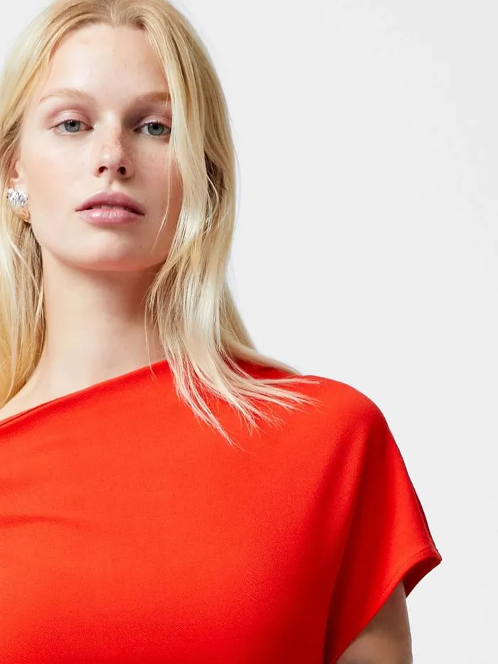French Connection Valetta Gathered Off Shoulder Midi Dress Scarlet Red Women Dresses